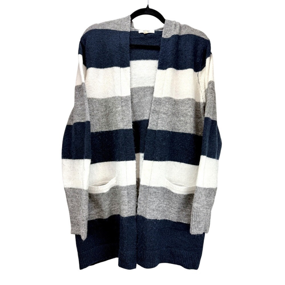 Peyton Primrose Blue White Gray Open Front Hoodie Sweater Cardigan Knit Size L‎